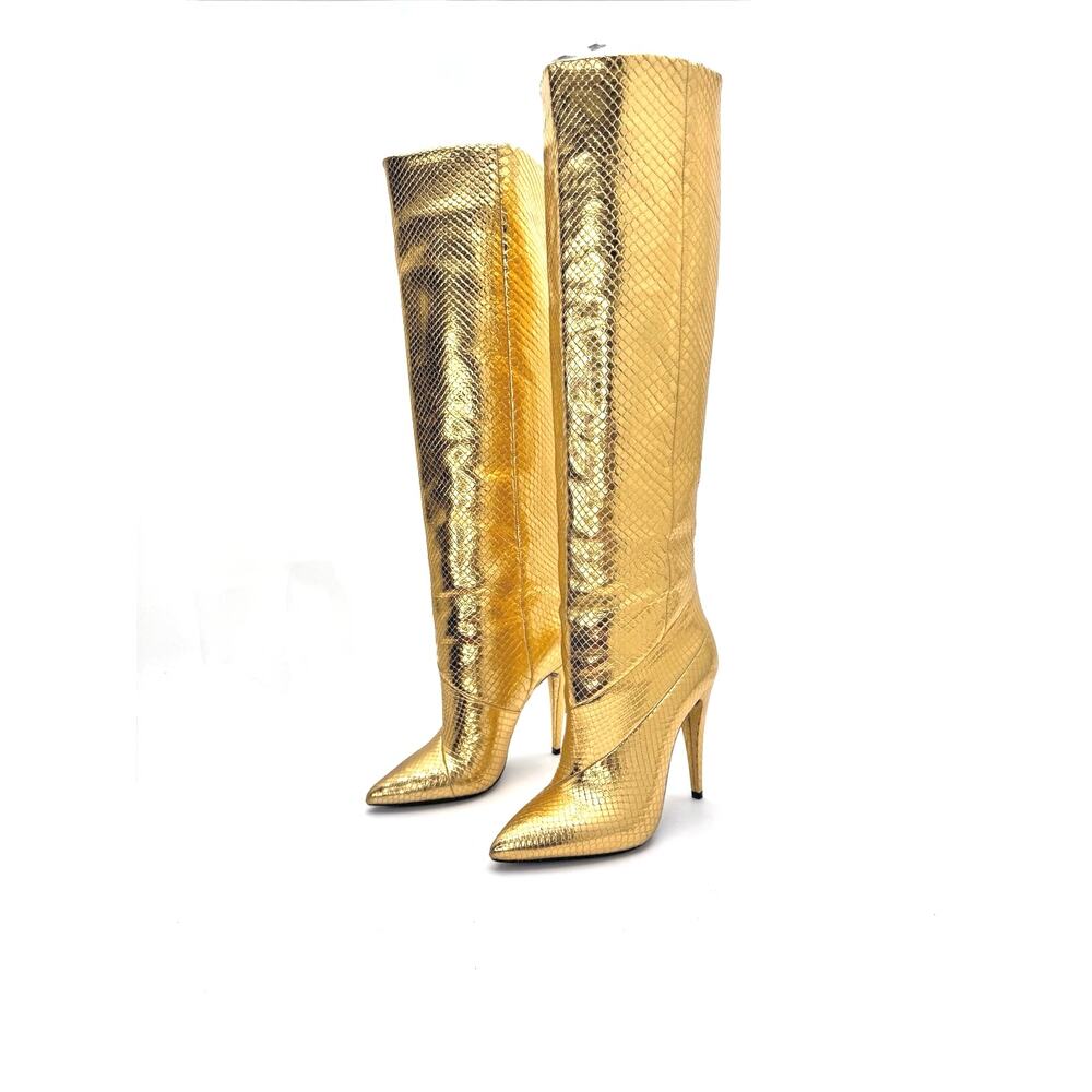 Saint Laurent Abbey Metallic Gold Python Embossed Knee High Boots EU 38.5